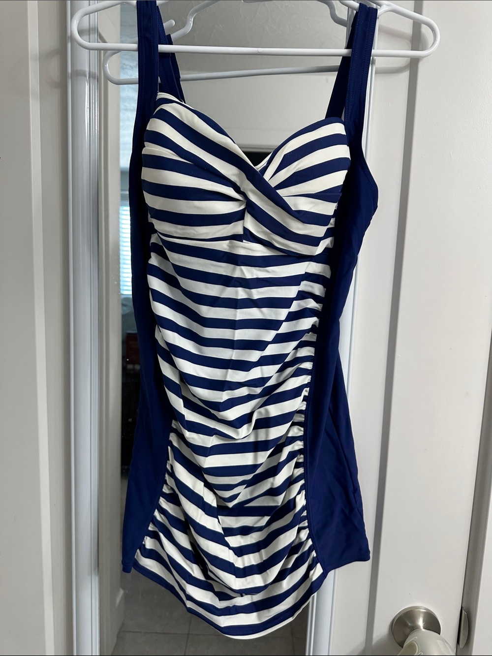 Navy & White Striped women’s maternity swim top